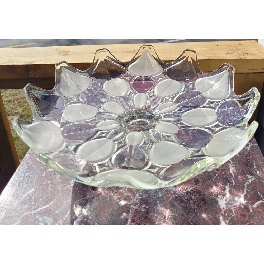 Bohemia Glass Crystal Pedestal Centerpiece~Footed Fruit Bowl~ Frosted Leaf~Czech